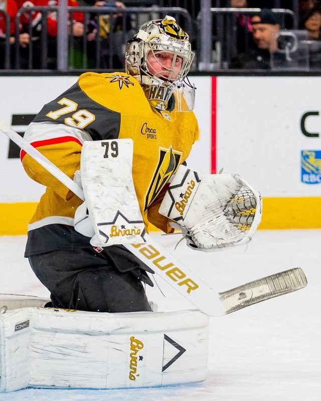 Carter Hart tracking the puck in goal for the Vegas Golden Knights