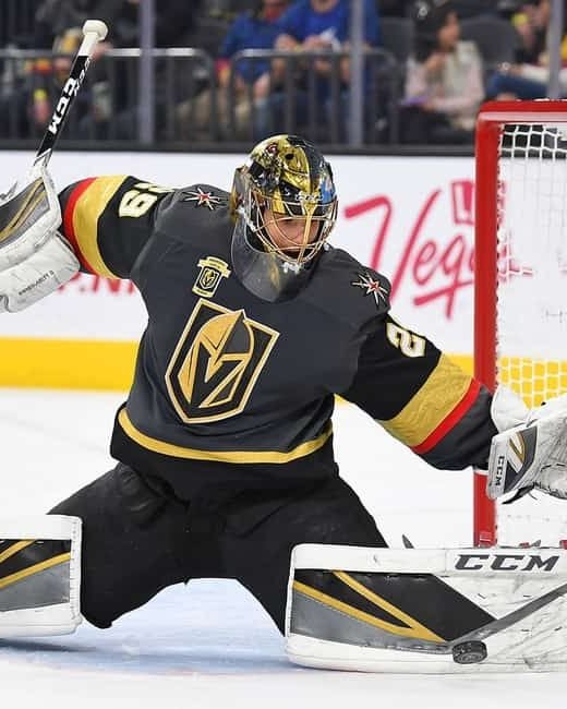 Marc-André Fleury making a save in goal for the Vegas Golden Knights