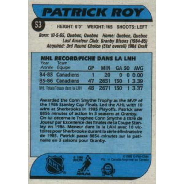 1986-87 O-Pee-Chee - Patrick Roy #53